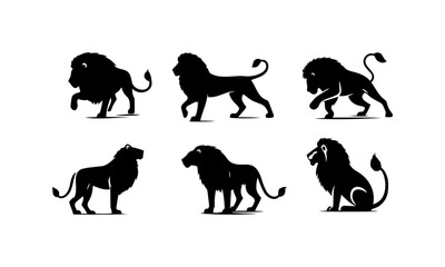 Lion silhouettes set isolated on white background, Lion in different poses Silhouettes set in black and white