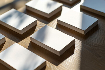 White empty blank business cards mockup template on wooden office table. Corporate design concept.