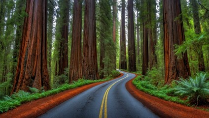 Obraz premium A winding road through a forest of tall redwoods. generative AI.