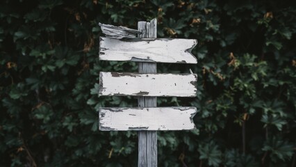 Naklejka premium A wooden sign with white paint on it is sitting in front of a bush, AI