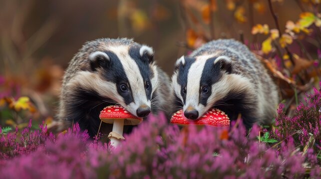 Wild European badgers foraging in Autumn with purple heather and red Fly Agaric mushroom in close up front facing with empty space Horizontal orientation