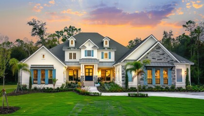 HD wide-angle shot of a luxury home with a large front porch, pearl white walls, grey stone accents, blue shutters, lush landscaping, green grass, and trees, at sunset.