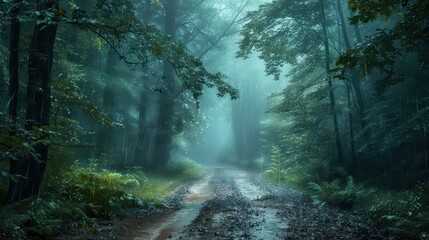 Fototapeta premium A captivating photograph of a forest path during rainfall