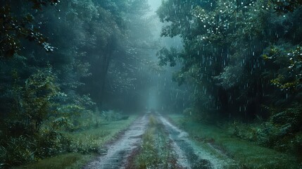 Obraz premium A captivating photograph of a forest path during rainfall
