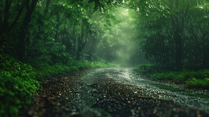 Obraz premium A captivating photograph of a forest path during rainfall