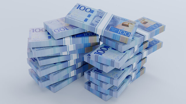 3D swedish krona isolated on white background, Paper money 100 swedish krona