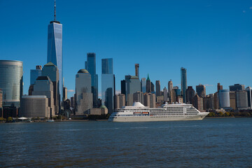 Obraz premium Panoramic view of New York, United States. New York city skyline in Midtown Manhattan. USA, NYC, NY, Manhattan. American big city. Lower Manhattan skyline. New York from New Jersey.