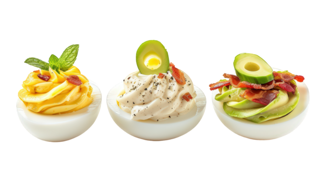 Collection Of Assorted Deviled Eggs Classic Bacon And Avocado For Party Platters isolated on transparent background. Generative ai