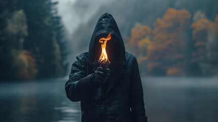 fire magic, a man in a black hood stands with his back to the ground and holds a flame in his hand