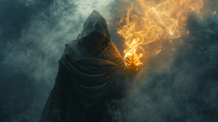fire magic, a man in a black hood stands with his back to the ground and holds a flame in his hand
