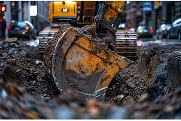 The close-up excavator bucket is raised and completely filled with earth and stones. Excavator working on a construction site. Heavy duty construction equipment at work.