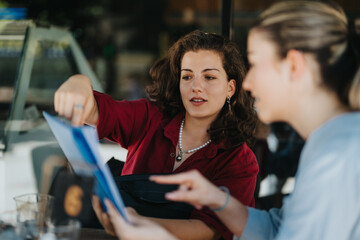 Two young business associates discussing documents outdoors during a casual meeting. They seem...