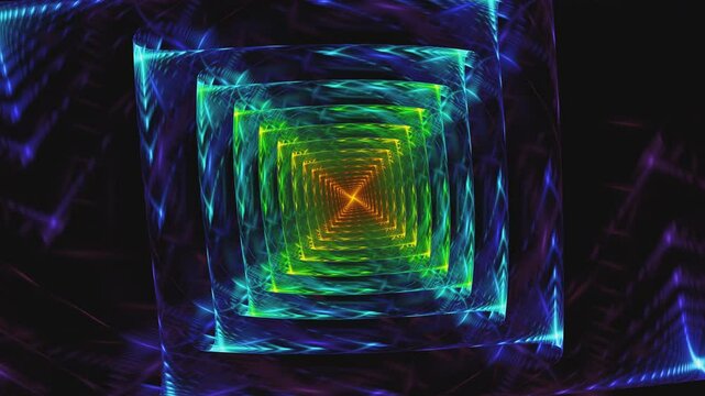 Spiral geometric background rotating, changing size, emanating, spreading fluids on dark. Fractal colorful shape transformation. Square magic tunnel or glowing corridor concept. 4K UHD 4096x2304