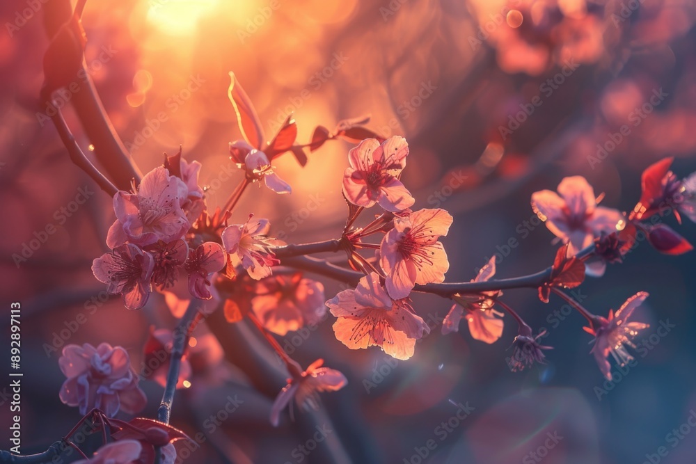 Poster A close-up shot of a tree branch covered in colorful flowers, ideal for use in nature-themed designs and compositions
