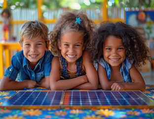 Diverse Children Learning About Solar Energy with Hands on Panel Model in Classroom