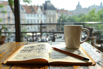 Morning coffee with sketch book - Generative AI