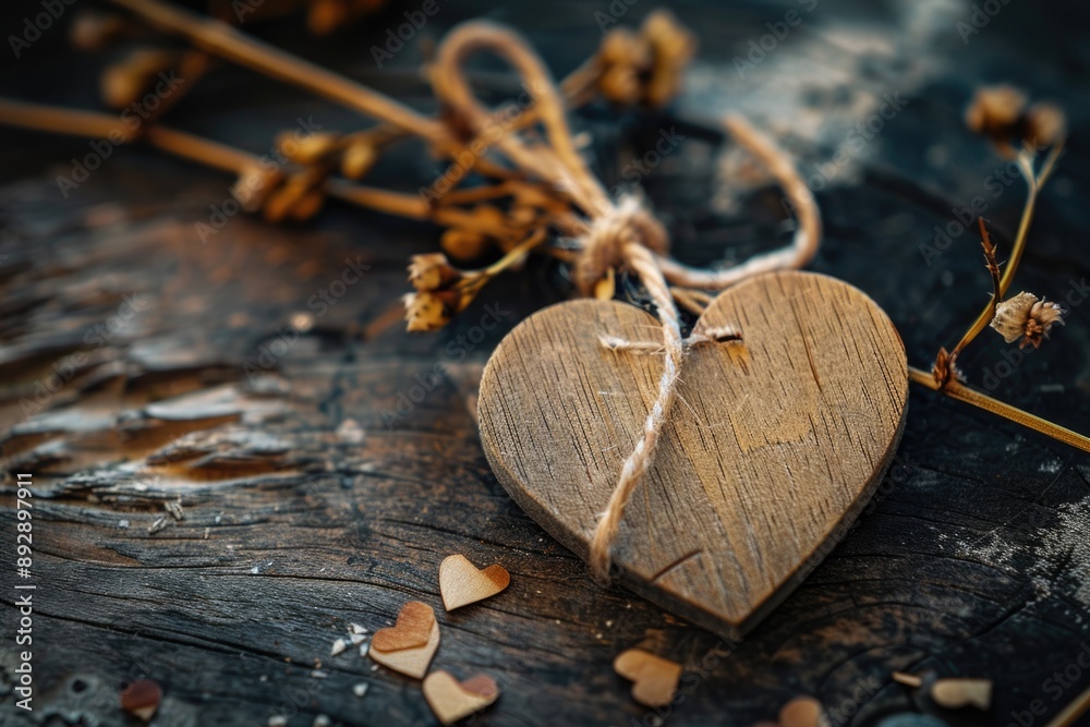 Poster a wooden heart with a string tied to it