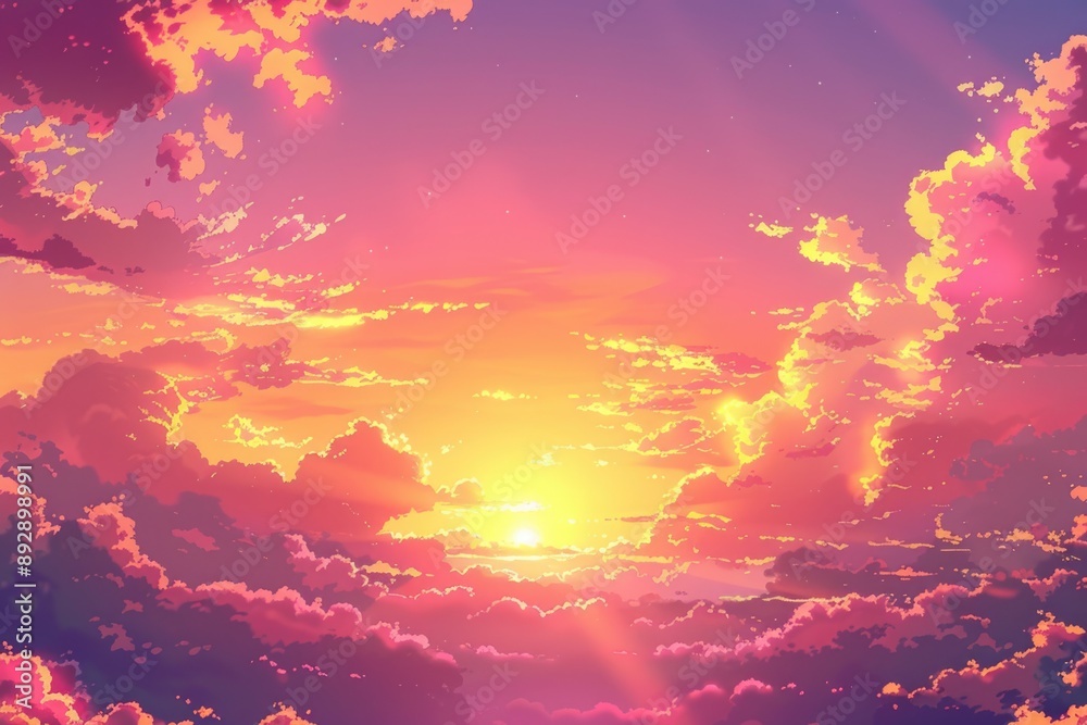 Poster a serene scene of the sunset with clouds in the sky, perfect for use in travel or nature-themed proj