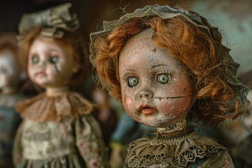 Closeup of an antique porcelain doll with cracked texture, flanked by others in soft focus