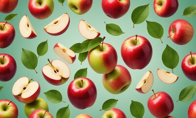 Apples with half slices falling or floating in the air with green leaves isolated on background