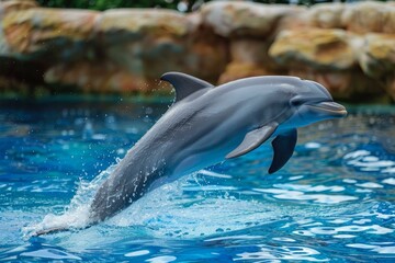 Naklejka premium Dolphin elegantly jumps against a backdrop of rocks and pool water