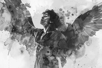 A man with wings stands in a pose, captured in a black and white photo