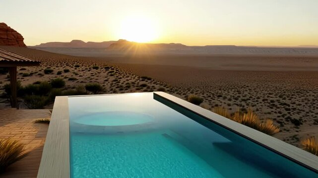 A designer desert retreat with an infinity pool blending into the surrounding landscape.