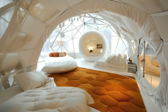 Bright, spacious dome room featuring contemporary furniture and a unique honeycomb floor pattern