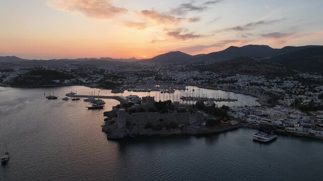 Bodrum Castle and City Streets in the Summer Season Drone Video, Bodrum Mugla, Turkiye (Turkey)

