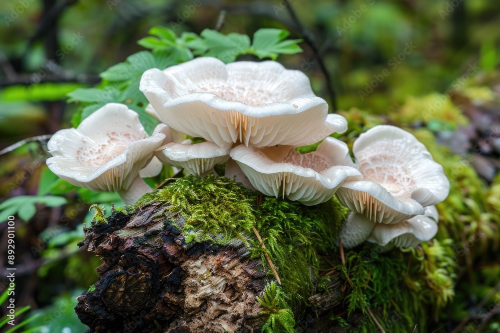 Poster a cluster of mushrooms perched on top of a decaying tree stump in a forest