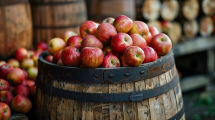Wooden barrel with fresh apples. Harvest barrel close-up