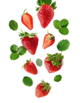 pluie de fraise et de feuilles sans fond, papier peint ia d&eacute;tour&eacute;