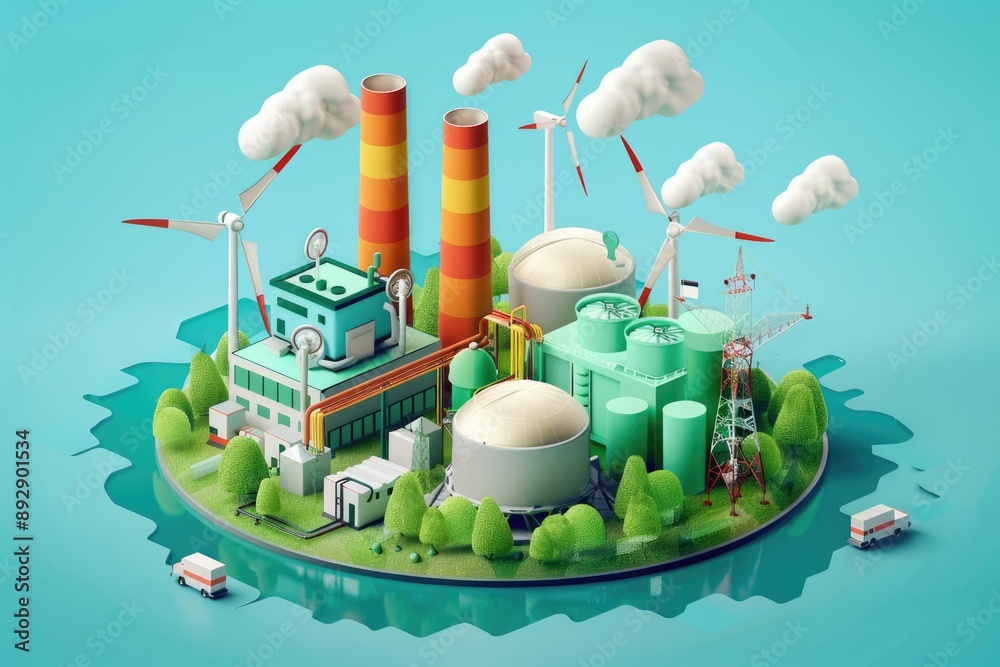 Aufkleber industrial power generation facility with multiple wind turbines on a small island, suitable for use