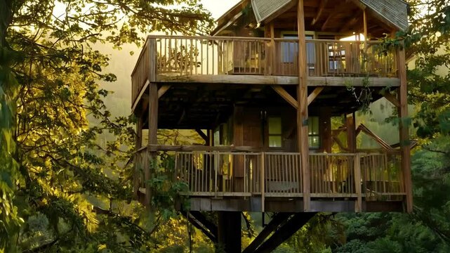 A wooden treehouse perched high in the canopy surrounded by towering trees.