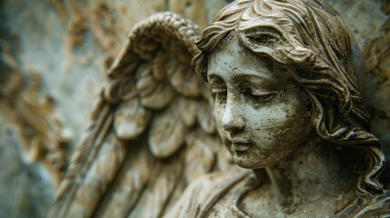 Obraz premium A detailed view of an angel statue's face and wings, perfect for use in editorial or decorative contexts