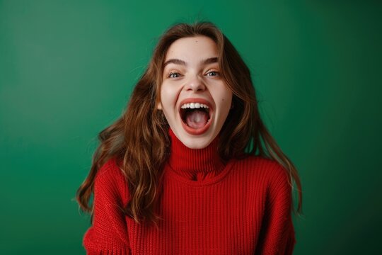 A woman wearing a red sweater makes a comical face, suitable for use in humorous content or marketing materials