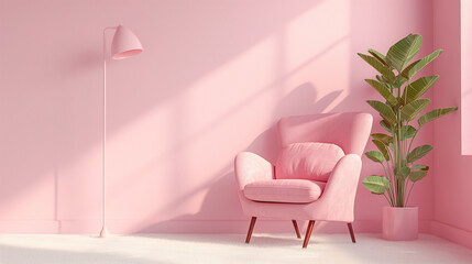 3D rendering of a pink armchair and floor lamp against a pastel wall background with copy space for your design, interior concept 
