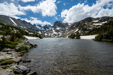 Lake Isabelle in Indian Peaks Wilderness, Colorado under dramatic summer cloudscape.