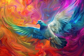 Colorful digital art of a dove soaring with psychedelic background