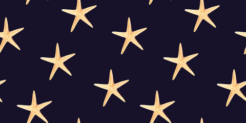 Fototapeta premium Starfish Watercolor Under the sea hand drawn seamless pattern on a dark blue background. For fabric, textiles, baby clothes, wallpaper, marine beach design.