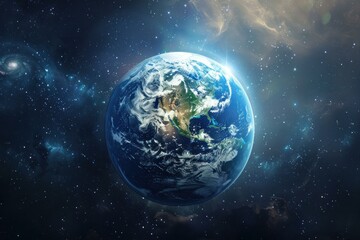 Vivid image of earth from space with a cosmic backdrop of stars and nebulae