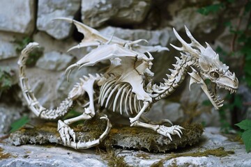 Intricately crafted majestic dragon skeleton on display in a mythical creatureinspired artistry exhibition
