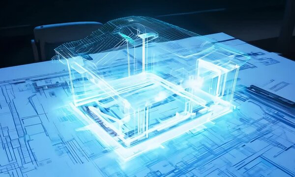 An architectural blueprint on a large drafting table gradually morphs into a digital 3D model (mov)