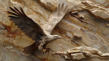 A majestic eagle soaring 3D carved from marble, stone on the background,