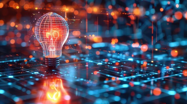 A creative depiction of a lightbulb with a digital interface displaying innovative concepts and futuristic ideas