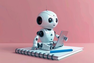 A cute robot sits on a notebook and uses a laptop.