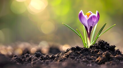 A purple crocus flower is growing out of the soil