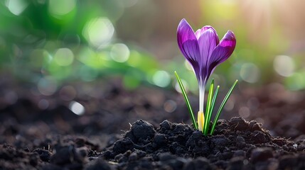 A purple crocus flower is growing out of the soil