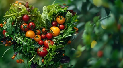A creative image of a heart-shaped salad, with fresh greens, cherry tomatoes