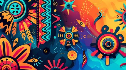 A modern abstract design with colorful Hispanic cultural symbols